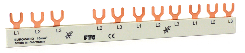 3 Phasen Gabel für FI-LS Schalter 212 mm lang,10² L 1 Beginn, Eurovario, 3-Phasen, VPE 10 Schienen